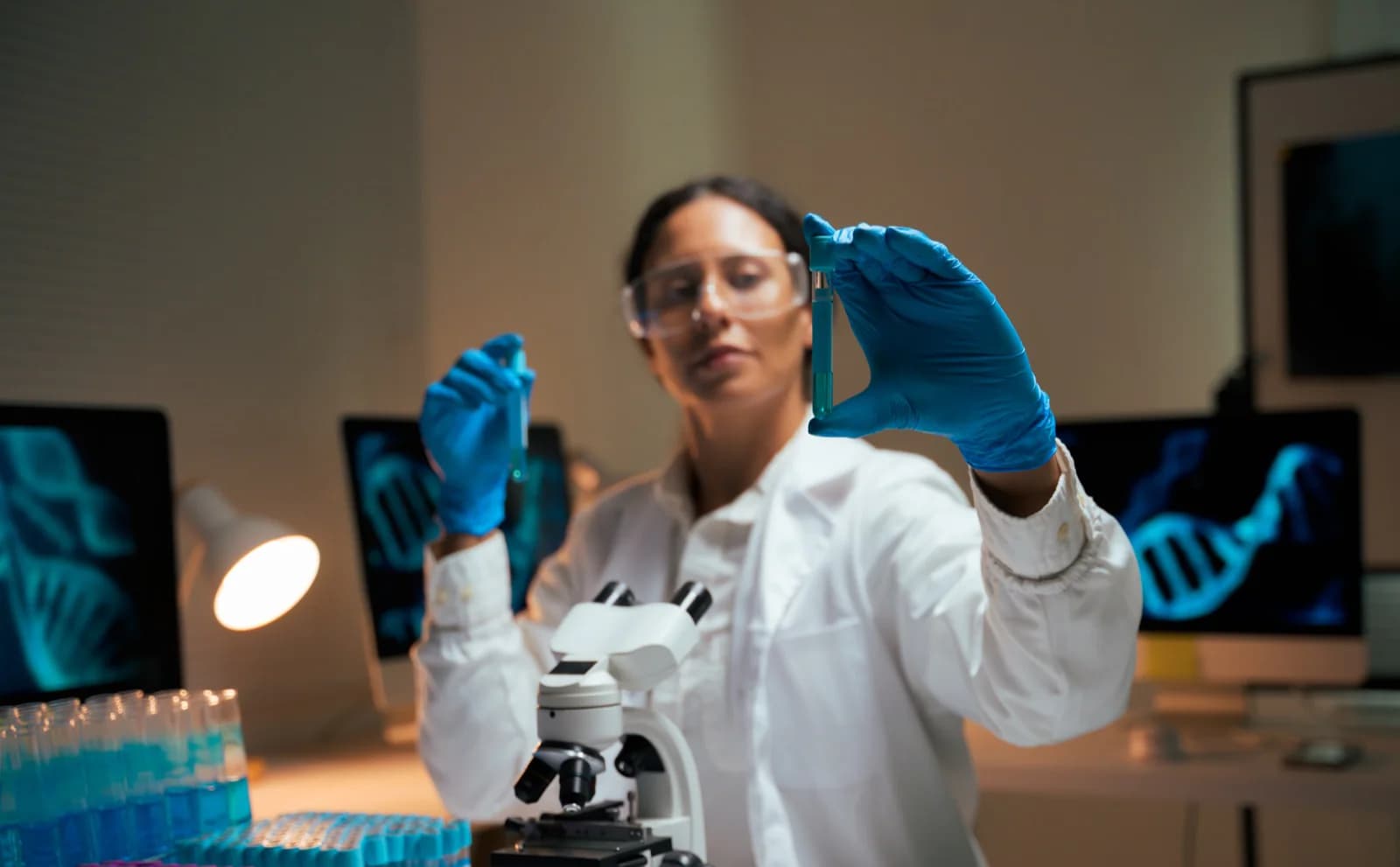 Scientist in a lab holding up two liquid samples, a microscope in front of her